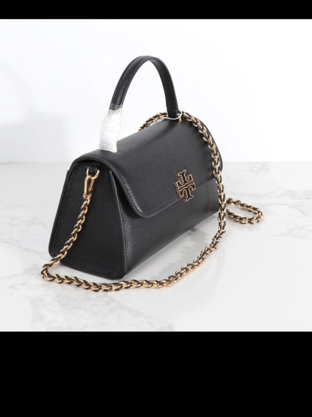 Tory Burch Black Pebbled Leather Top-Handle Crossbody with Gold Chain